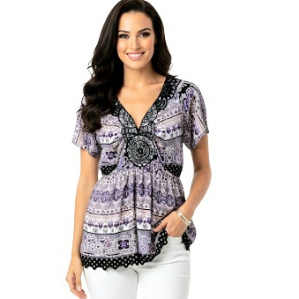 One World Live and Let Live Purple Beaded Top Ruffled Sleeves Lace Trim Sz Large